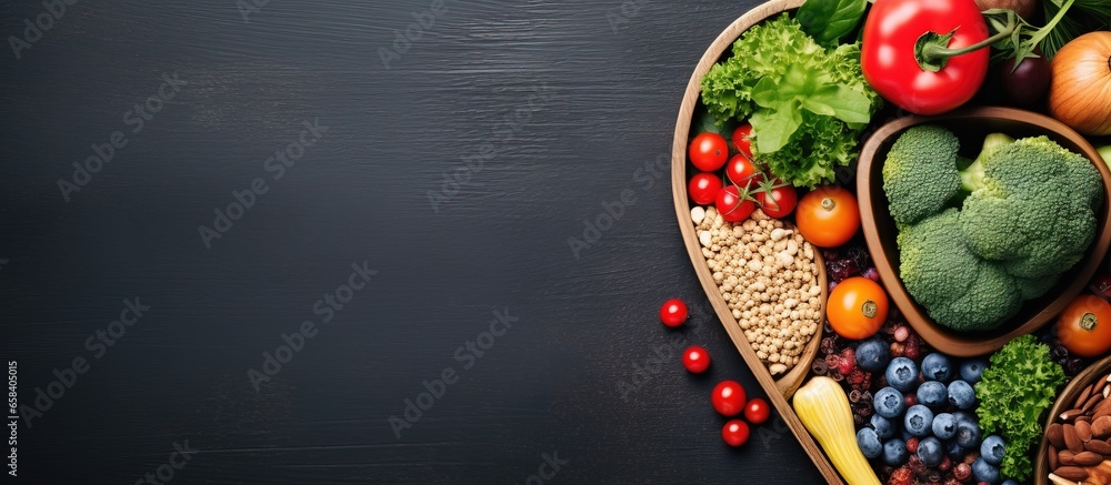 Heart shaped bowl with nutritious food and exercise equipment