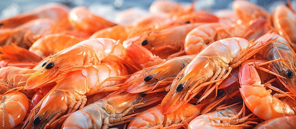 Fresh prawns available at seafood market including a high quality photo