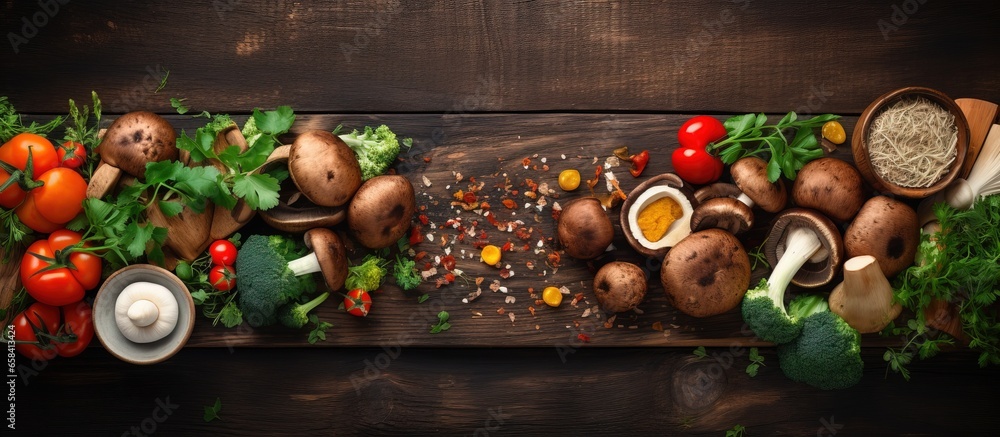 Preparing forest mushrooms and vegetables with kitchen tools on a rustic wooden table viewed from above