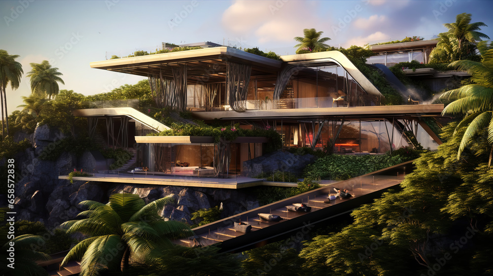 Luxury contemporaty villa on a mountain hill with a view on ocean. Generative AI