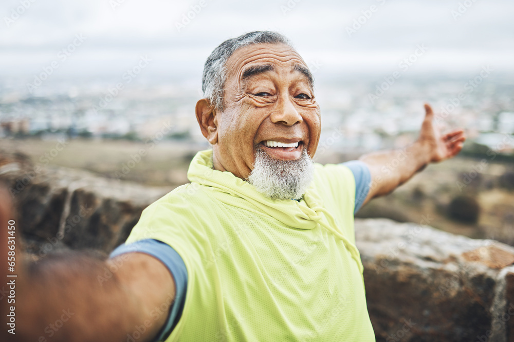 Selfie, happy and senior man hiking for health, wellness or cardio training on a mountain. Smile, nature and portrait of excited elderly male person taking a picture for outdoor trekking in woods.