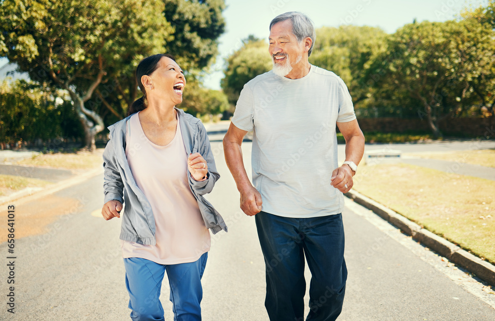 Running, mature couple and smile for exercise, fitness or workout in road of neighborhood park. Asian man, woman or laugh in street for healthy cardio performance, action or energy in morning outdoor