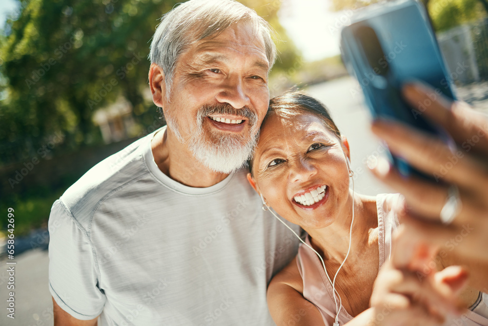 Selfie, fitness and senior couple in road after a running exercise for race or marathon training. Happy, sports and elderly man and woman taking a picture after a cardio workout in outdoor street.