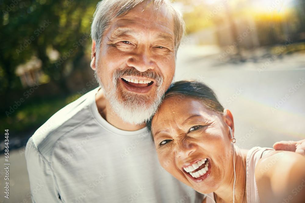 Selfie, fitness and smile with senior couple in road after a running exercise for race or marathon training. Happy, health and portrait of elderly woman and man athlete after a cardio workout