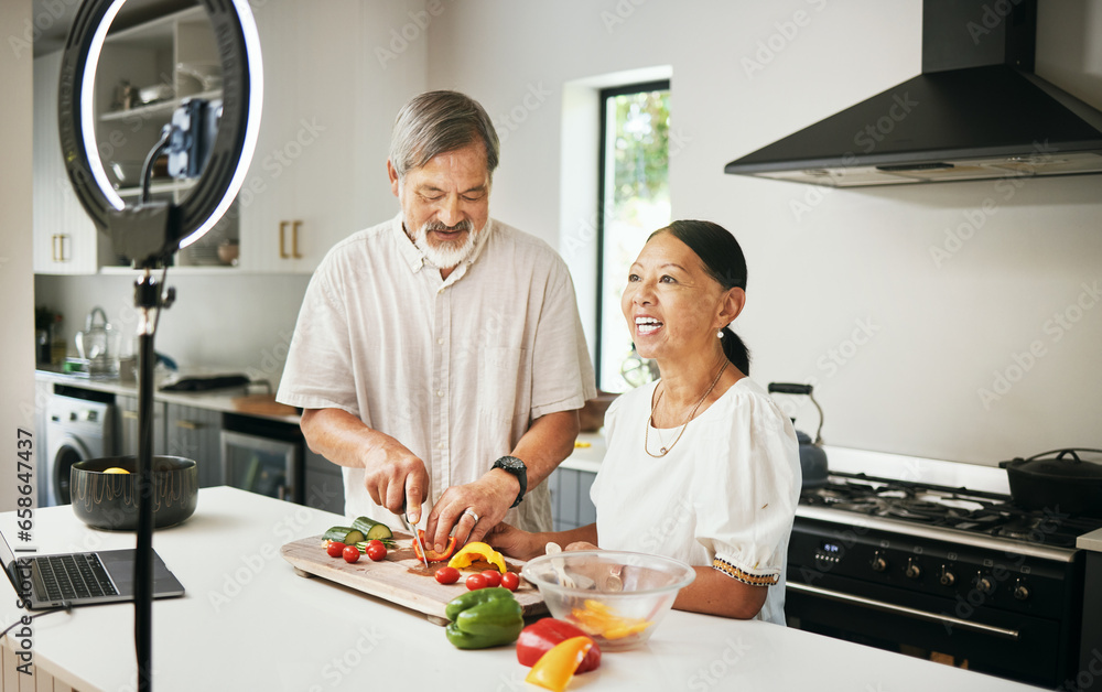 Home, senior couple or influencer with food, smile or live streaming with connection, ring light or tech. Vlog, elderly man or old woman with social media, kitchen or cooking with diet plan or health