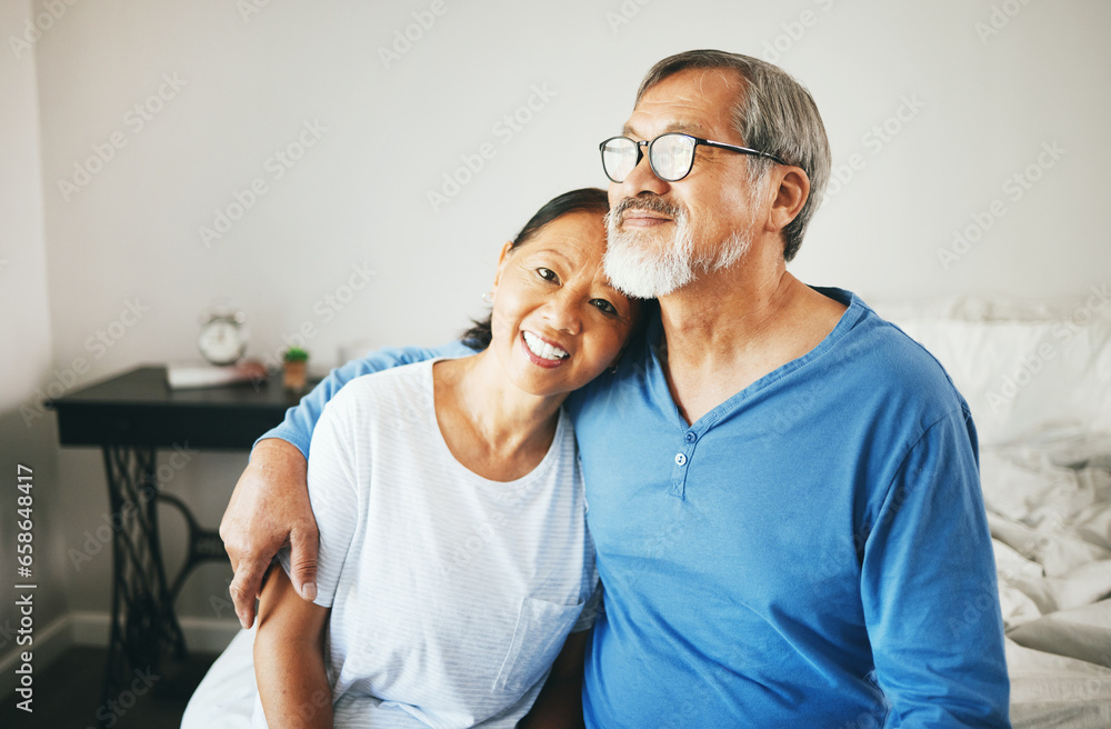 Senior, portrait or happy couple hug in home bedroom together to relax on holiday with bond or support. Embrace, lovers or romantic Asian man with a mature woman with love, smile or care in marriage