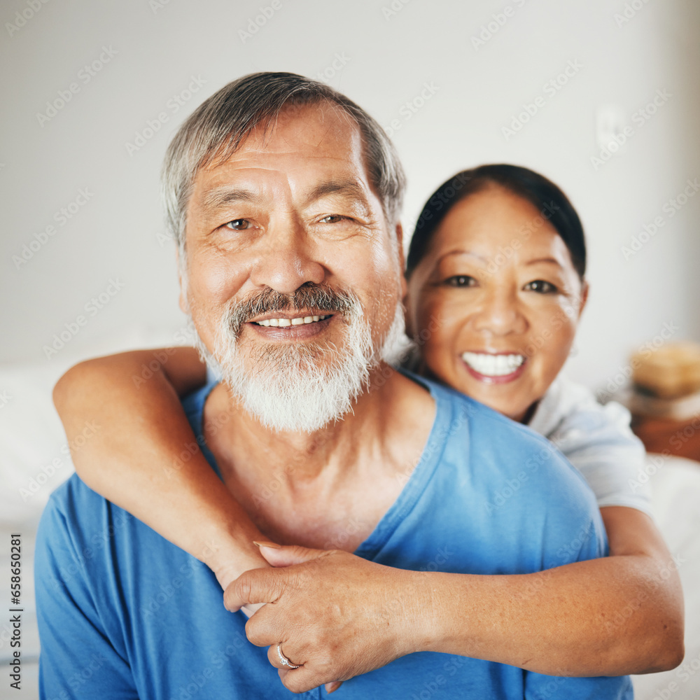 Senior, hug and couple with smile in portrait for happiness, excited or relaxed in bedroom. Asian man and woman for elderly and married with enjoyment in retirement by together, care or bond for love