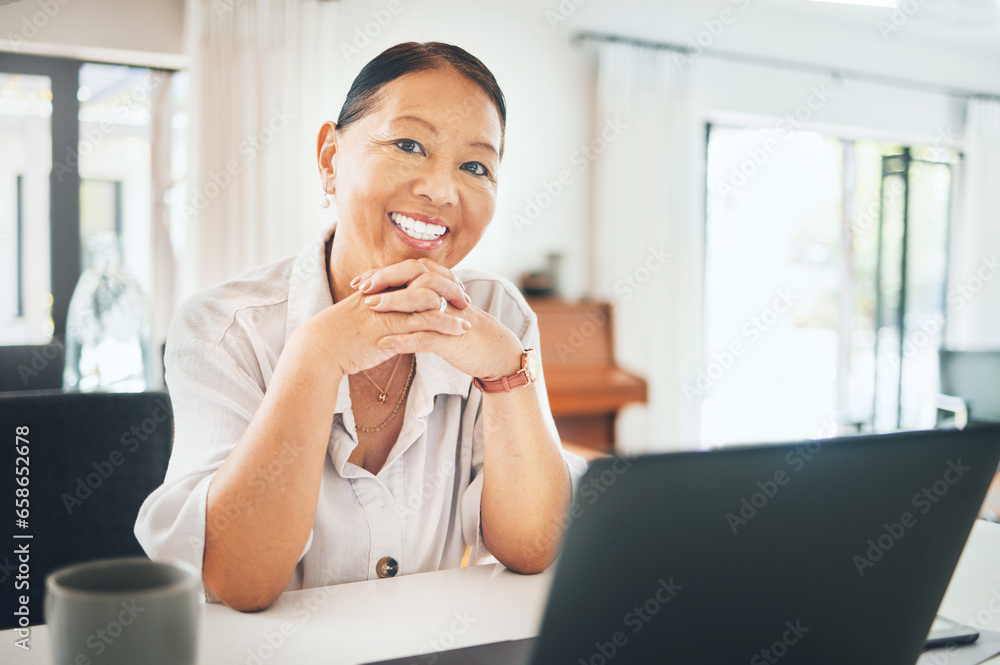 Mature woman, portrait and happy on laptop for home investment, asset management or pension research. Face of Asian person on computer in kitchen for morning email, registration or financial planning