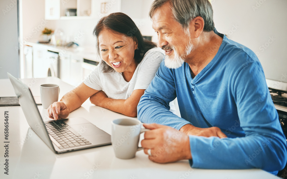 Home, typing and senior couple with a laptop, conversation and search internet with website info, network and connection. Kitchen, elderly man and old woman with a pc, email notification and talking