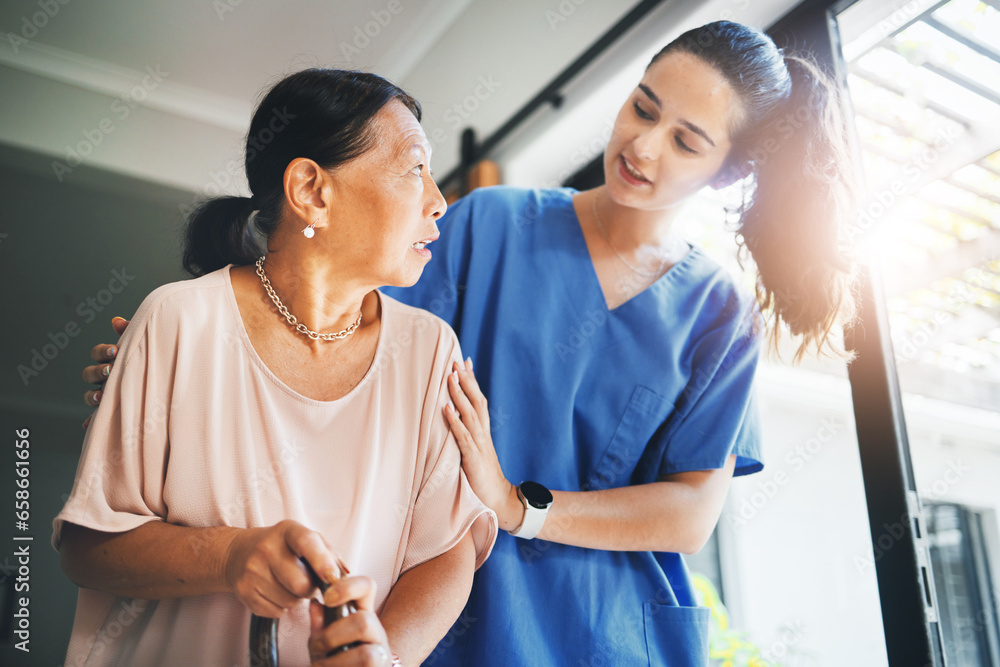 Walking stick, senior woman and doctor for home support, helping and kindness with retirement or nursing service. Medical student, nurse or caregiver and elderly patient with disability in healthcare