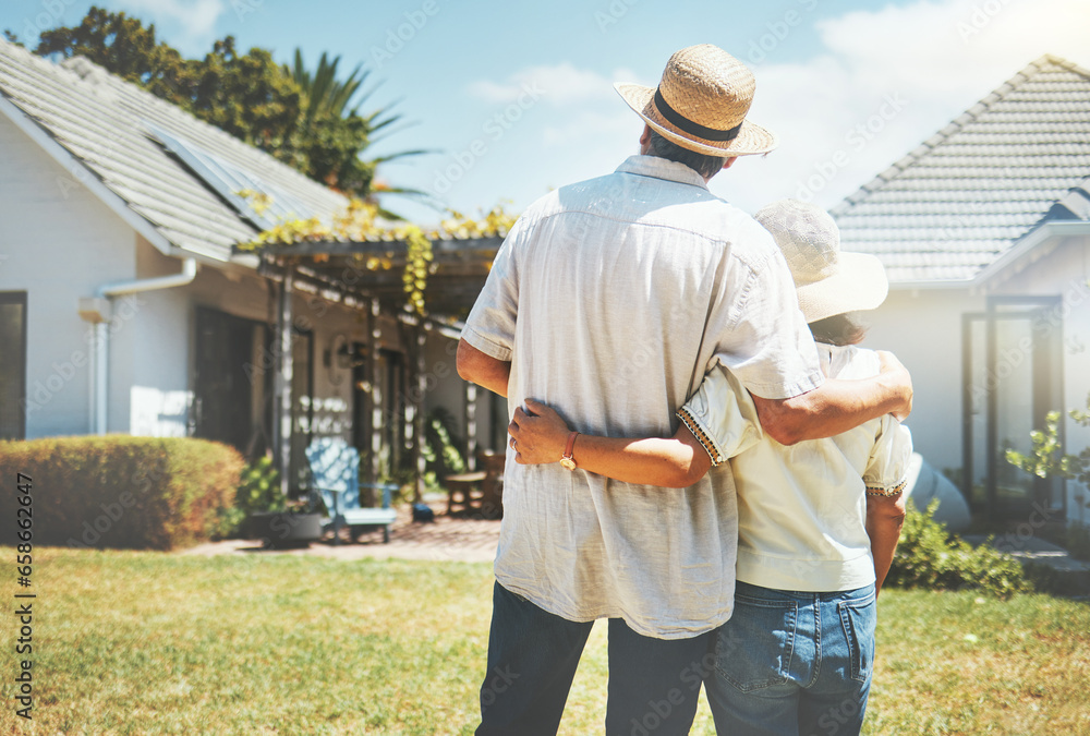 Back view, couple and hug outdoor at new home, real estate or house investment. Man, woman and embrace at front of property for moving together in building, dream neighborhood and mortgage at garden