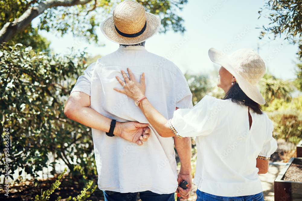 Senior couple, view and back in garden with smile, summer sunshine and bonding in retirement. Happy elderly man, old woman and outdoor with embrace, love and care in backyard to relax in Jakarta