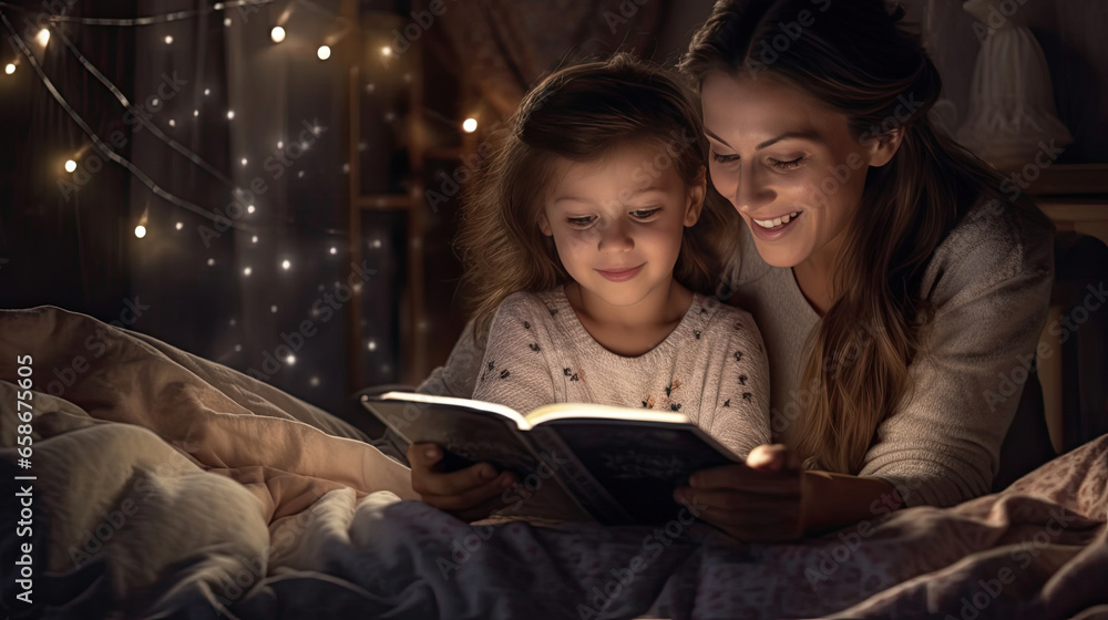 A beautiful mother reading a book to her daughter in bed before going to sleep. Generative Ai