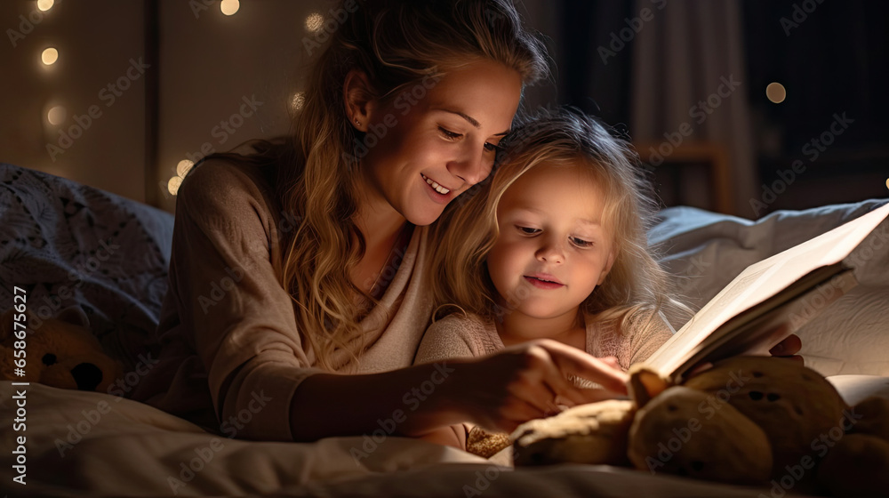 A beautiful mother reading a book to her daughter in bed before going to sleep. Generative Ai