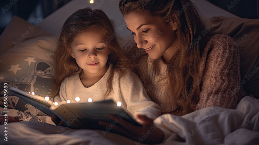 A beautiful mother reading a book to her daughter in bed before going to sleep. Generative Ai