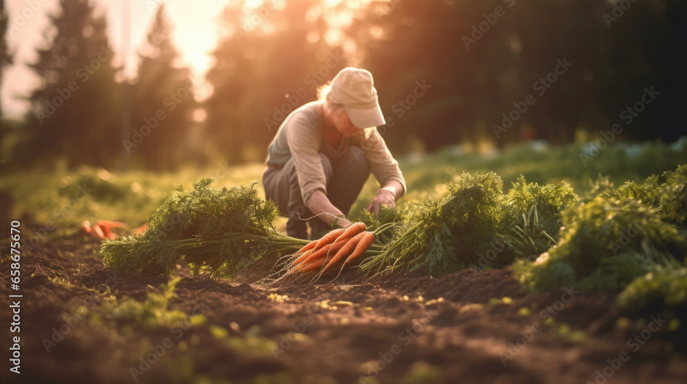 A farmer picked carrots on the soil in a field, agriculture, carrot farming. Generative Ai