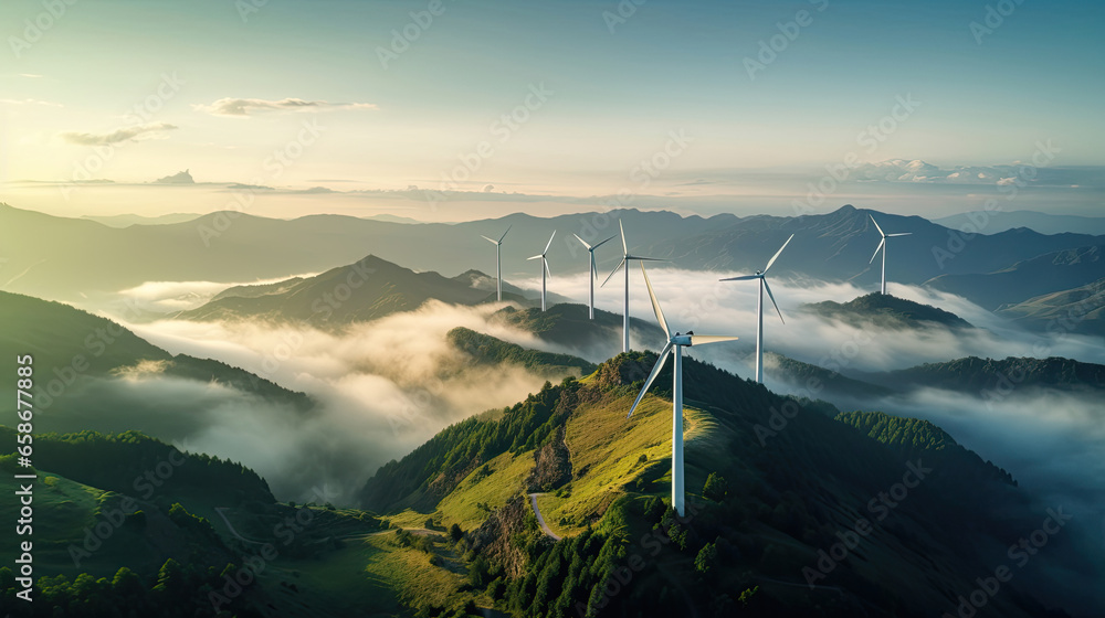 Aerial view of Wind turbines generating green power high in mountains. Generative Ai