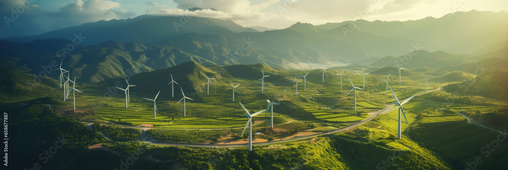 Aerial view of Wind turbines generating green power high in mountains. Generative Ai