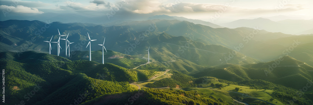 Aerial view of Wind turbines generating green power high in mountains. Generative Ai