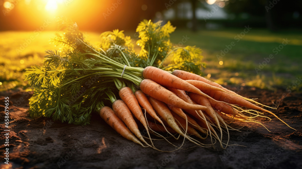 Beautiful carrots, fresh carrots bunch in field. Generative Ai