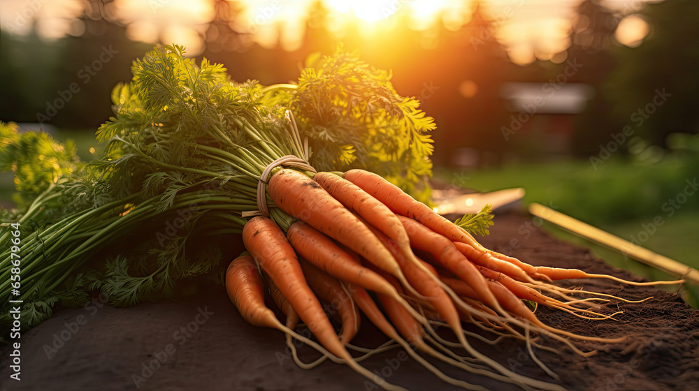 Beautiful carrots, fresh carrots bunch in field. Generative Ai