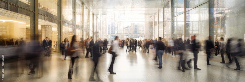 Crowd of business people walking in bright office lobby fast moving with blurry. Generative Ai