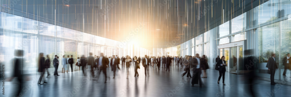 Crowd of business people walking in bright office lobby fast moving with blurry. Generative Ai