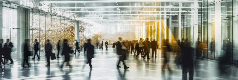 Crowd of business people walking in bright office lobby fast moving with blurry. Generative Ai