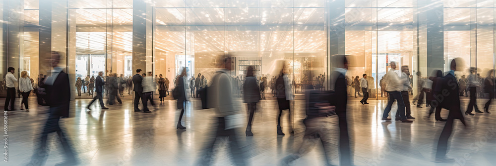 Crowd of business people walking in bright office lobby fast moving with blurry. Generative Ai