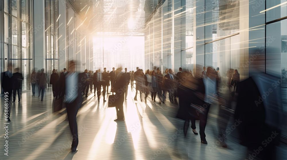 Crowd of business people walking in bright office lobby fast moving with blurry. Generative Ai