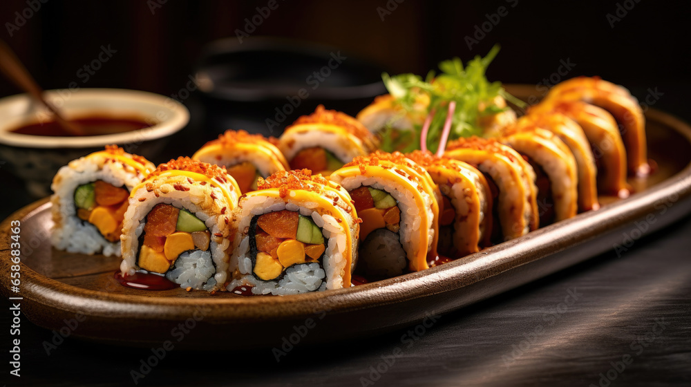 Crunchy maki o a sushi plate in restaurant. Japanese food. Generative Ai