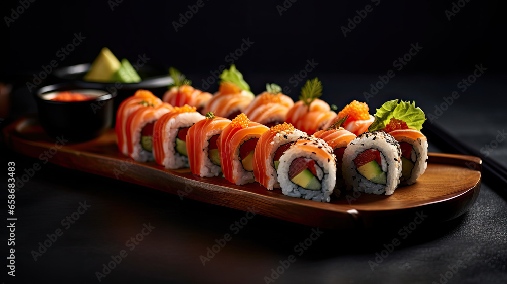 Crunchy maki o a sushi plate in restaurant. Japanese food. Generative Ai