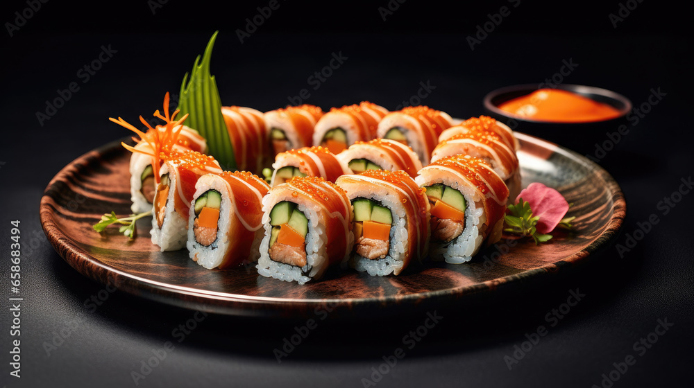 Crunchy maki o a sushi plate in restaurant. Japanese food. Generative Ai