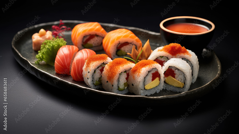 Crunchy maki o a sushi plate in restaurant. Japanese food. Generative Ai