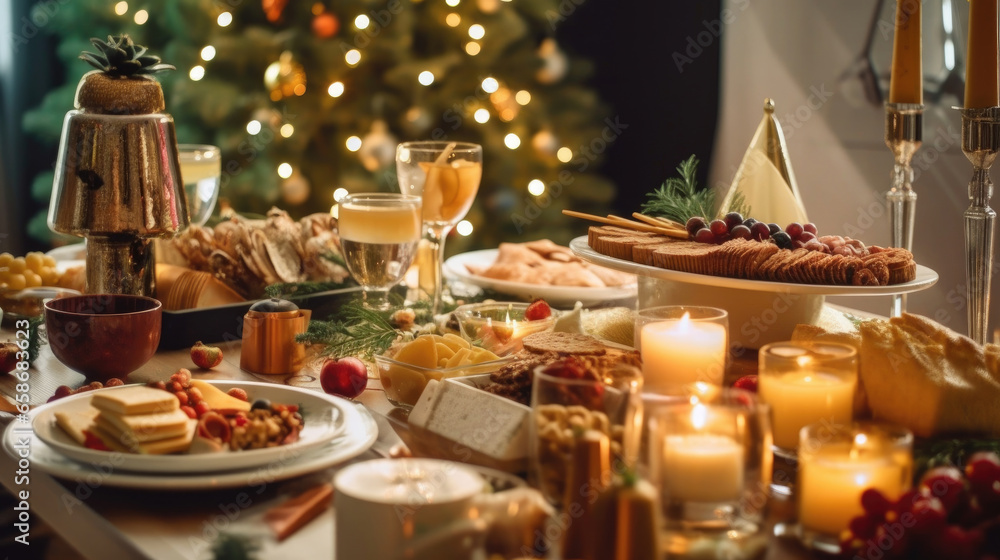 Dinner table full of dishes with food and snacks, Christmas and New Years decor with a Christmas tree on the background. Generative Ai