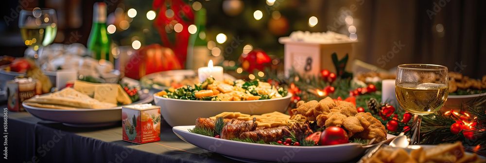 Dinner table full of dishes with food and snacks, Christmas and New Years decor with a Christmas tree on the background. Generative Ai