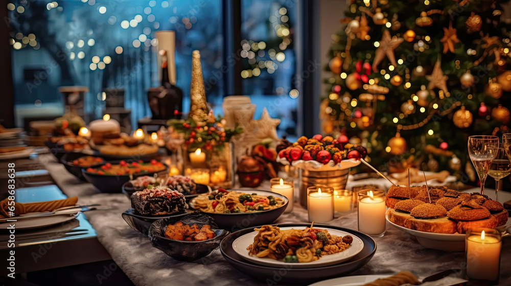 Dinner table full of dishes with food and snacks, Christmas and New Years decor with a Christmas tree on the background. Generative Ai