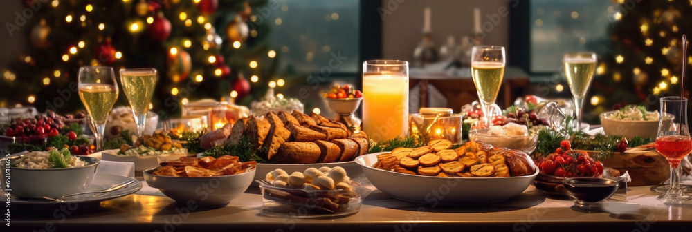 Dinner table full of dishes with food and snacks, Christmas and New Years decor with a Christmas tree on the background. Generative Ai