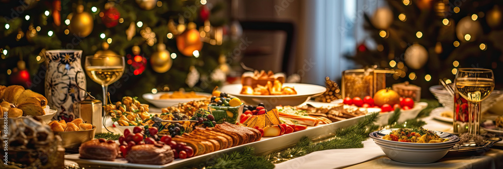 Dinner table full of dishes with food and snacks, Christmas and New Years decor with a Christmas tree on the background. Generative Ai