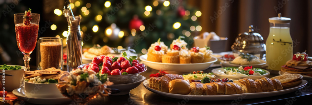 Dinner table full of dishes with food and snacks, Christmas and New Years decor with a Christmas tree on the background. Generative Ai