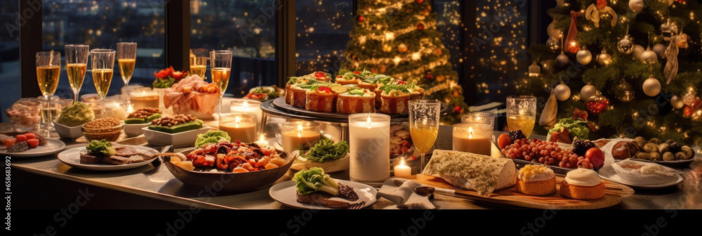 Dinner table full of dishes with food and snacks, Christmas and New Years decor with a Christmas tree on the background. Generative Ai