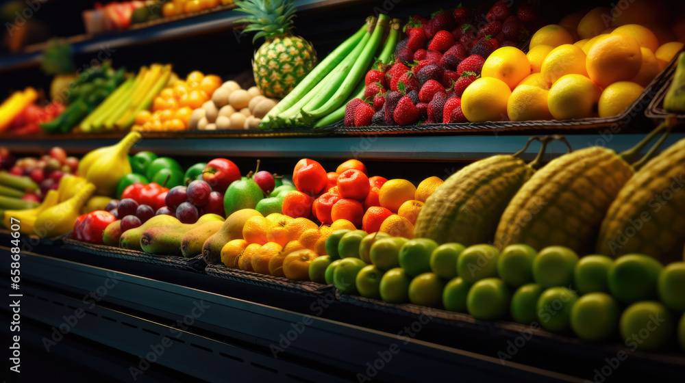 Fruits and Vegetables on shelf in supermarket. Generative Ai