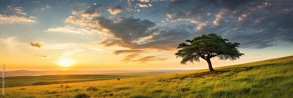 Landscape view of one big tree on the top of the hill with green grass on a hillside with blue sky and clouds in the background. Generative Ai