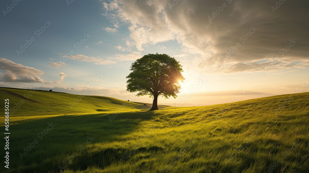 Landscape view of one big tree on the top of the hill with green grass on a hillside with blue sky and clouds in the background. Generative Ai