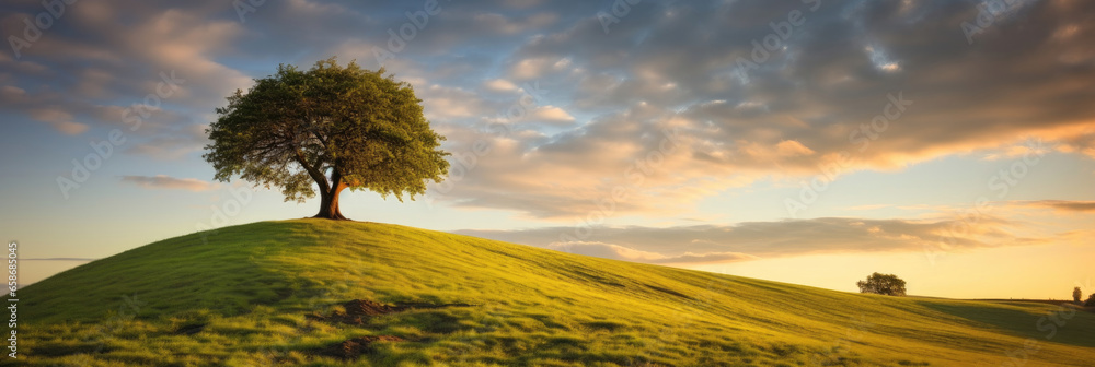 Landscape view of one big tree on the top of the hill with green grass on a hillside with blue sky and clouds in the background. Generative Ai