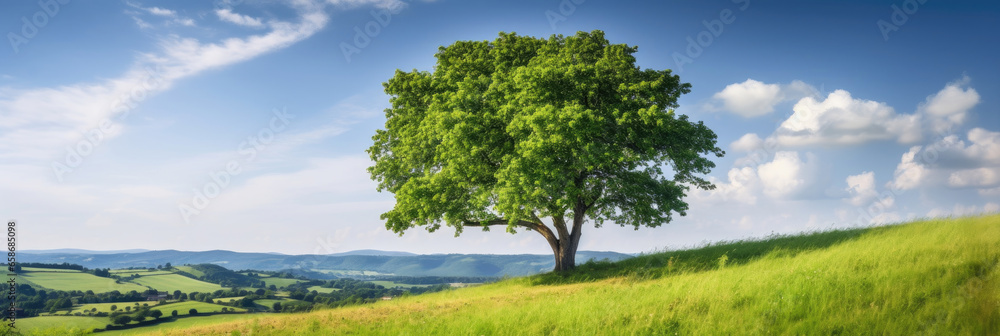 Landscape view of one big tree on the top of the hill with green grass on a hillside with blue sky and clouds in the background. Generative Ai