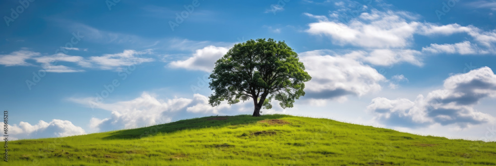 Landscape view of one big tree on the top of the hill with green grass on a hillside with blue sky and clouds in the background. Generative Ai