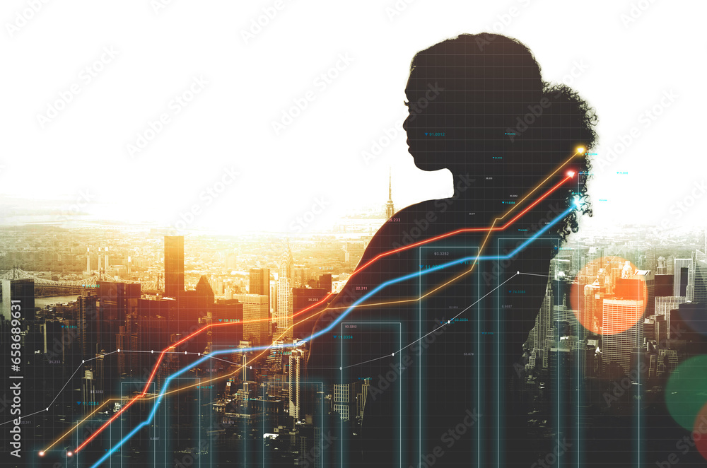 City overlay, graphs and silhouette of person looking at stock market metrics, trading insight or crypto exchange. Financial analytics, urban buildings and trader view investment chart, stats or data