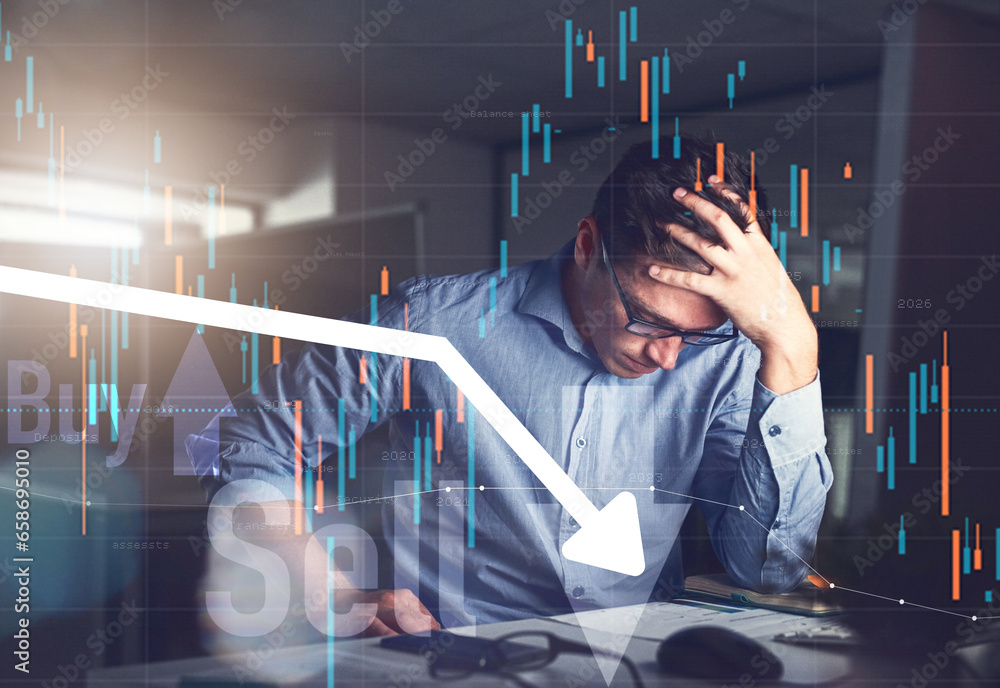 Man, stress and headache for double exposure on trading, computer data analytics and stock market crash. Frustrated trader, seller or investor with depression, sad or overlay for assets loss at night