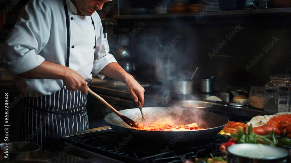 Professional elderly cook in uniform adds some spices to dish, prepares delicious meal for guests in cuisine kitchen in hotel restaurant. The male chef adds salt to a steaming hot frying pan. Food